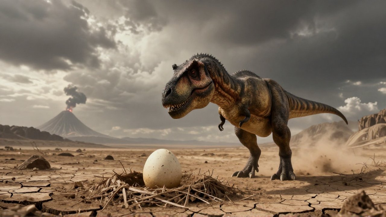 Un agotado tiranosaurio observa un huevo parcialmente enterrado en un paisaje árido y volcánico.