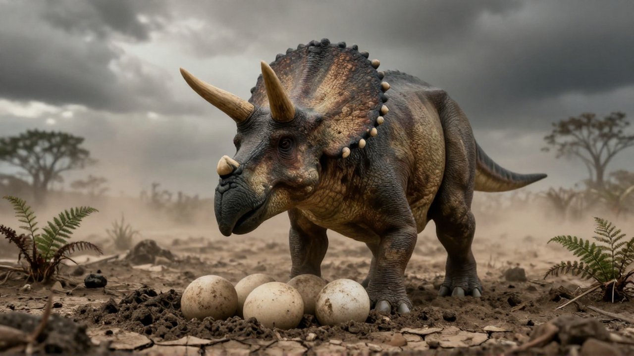 Una Triceratops con aspecto desgastado protege sus huevos en un nido de barro bajo un cielo nublado.