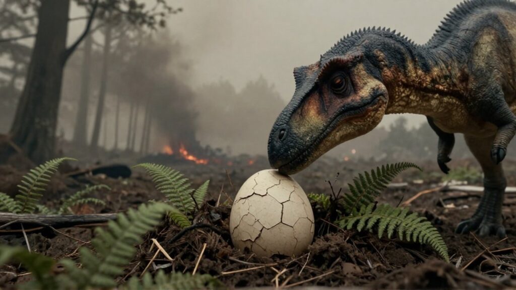 Una Parasaurolophus toca con su hocico un huevo agrietado en un paisaje desolado y ceniciento.
