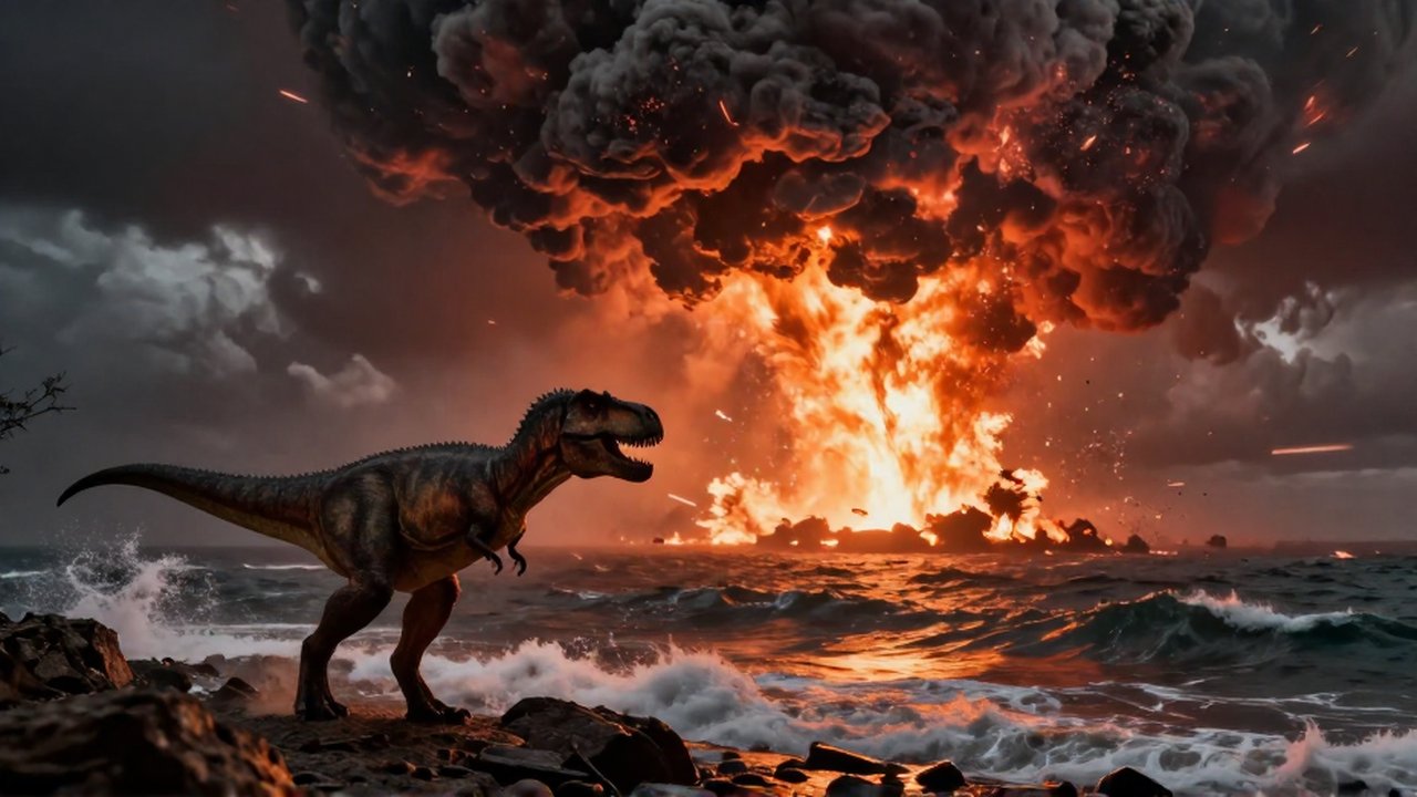 Un tiranosaurio rex observa con terror un asteroide impactando el océano bajo un cielo apocalíptico.