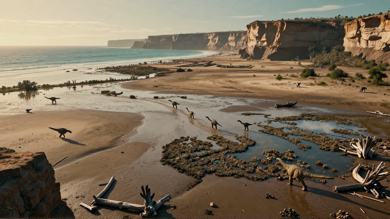 Pequeños dinosaurios herbívoros caminan por una laguna que se seca en una costa prehistórica.