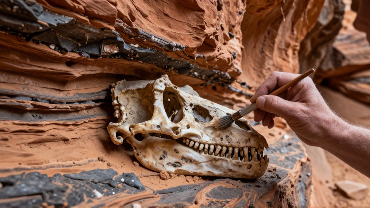Un paleontólogo limpia con un pincel un cráneo de dinosaurio incrustado en capas de roca sedimentaria.