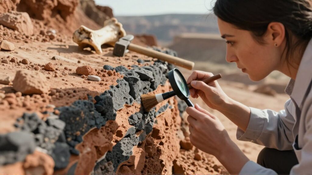 Paleontóloga examinando con cuidado las capas de un estrato sedimentario en un yacimiento arqueológico.