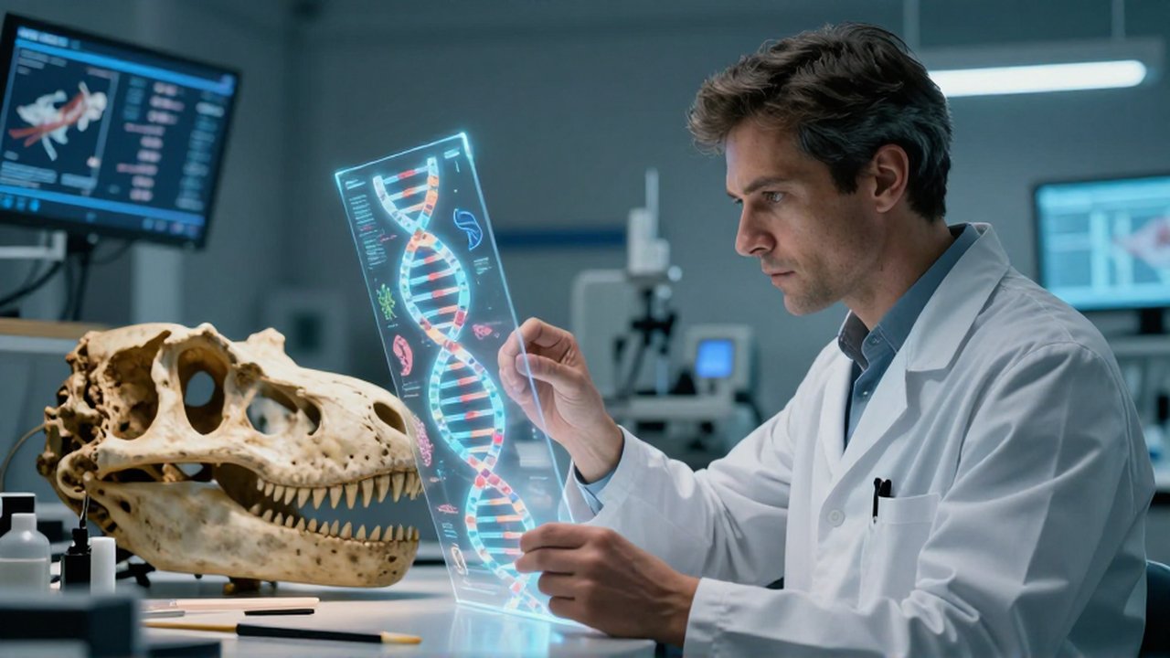 Paleontólogo analizando una secuencia de ADN holográfica junto al cráneo de un Tiranosaurio rex en un laboratorio.