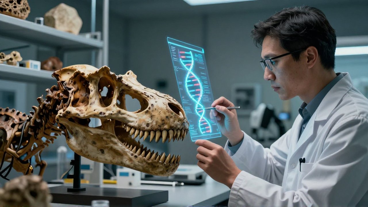 Un paleontólogo analiza un cráneo de T-Rex junto a una interfaz holográfica de secuencias genéticas.