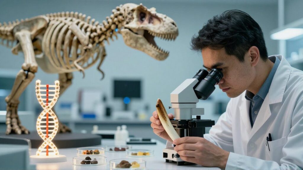 Paleontólogo examinando un diente de dinosaurio bajo un microscopio digital en un laboratorio científico de alta tecnología.