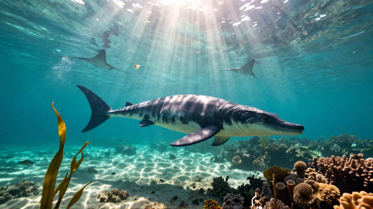 Un icthyosaurio nada entre arrecifes de coral y algas en aguas tropicales iluminadas por el sol.