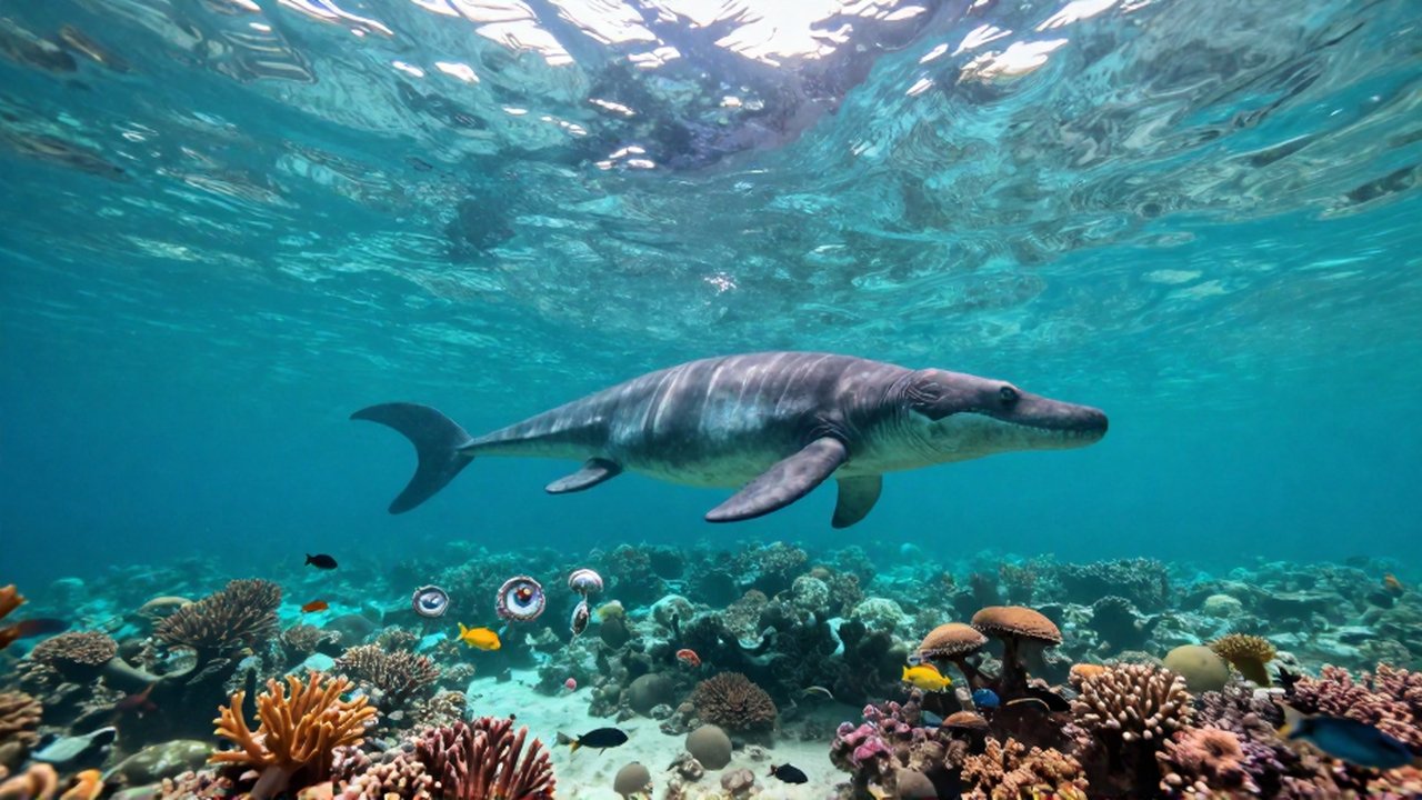 Un gran icthyosaur nada junto a ammonites en un arrecife de coral prehistórico bajo aguas turquesas.