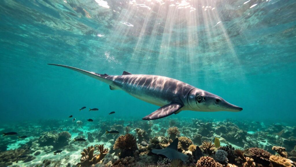 Un plesiosaurio nada entre arrecifes de coral en un océano tropical iluminado por el sol.