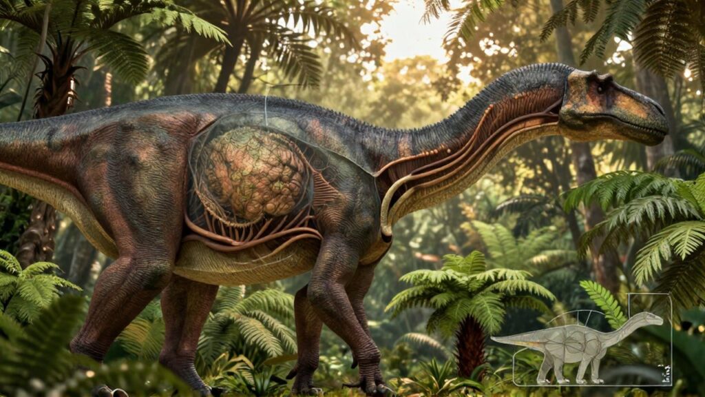 Ilustración anatómica detallada de un saurópodo que muestra su complejo sistema de sacos aéreos internos.