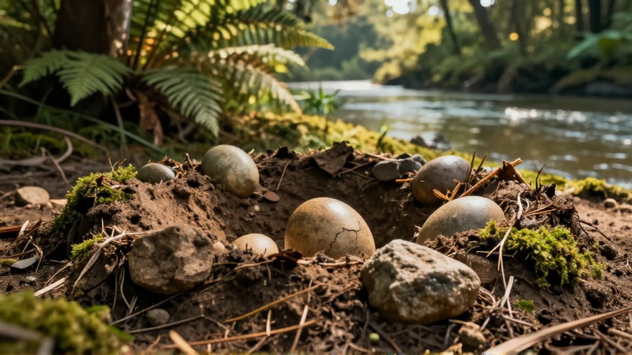 Nido con huevos de dinosaurio parcialmente enterrados entre tierra y vegetación en un entorno prehistórico.