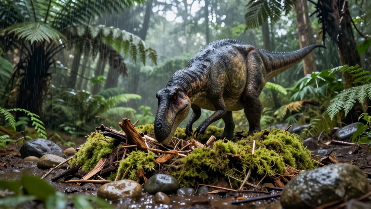 Una dinosaurio con plumas construye un nido de musgo y piedras bajo una lluvia ligera en un bosque prehistórico.