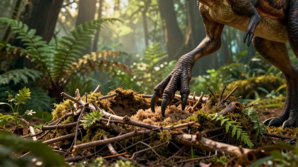 Un dinosaurio emplumado acomoda ramas y musgo en un nido dentro de un bosque subtropical.