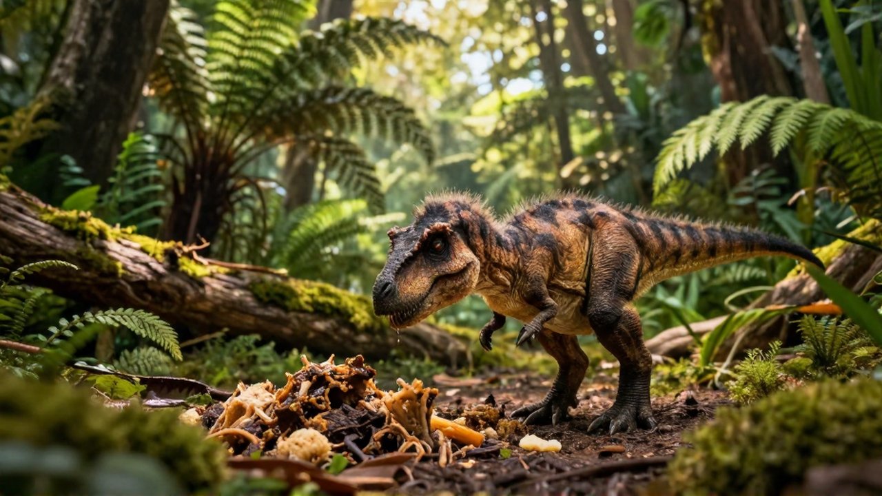 Un pequeño dinosaurio bebé con plumas suaves se acerca a la vegetación en una selva densa.