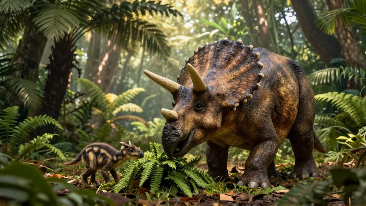 Una madre Triceratops empuja vegetación hacia sus crías en un denso bosque prehistórico.