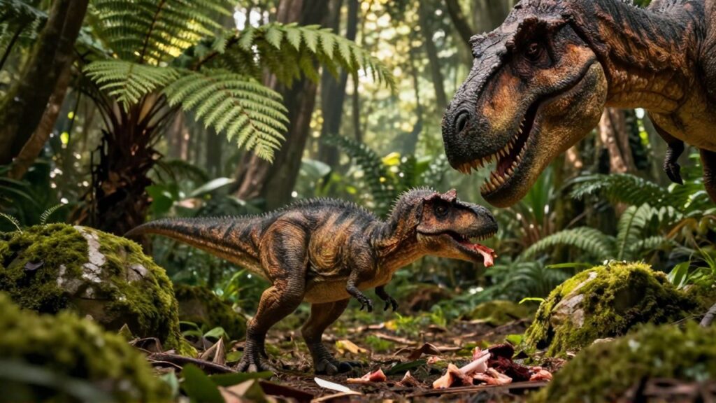 Cría de tiranosaurio con protoplumas alimentándose de carne en una densa selva prehistórica.