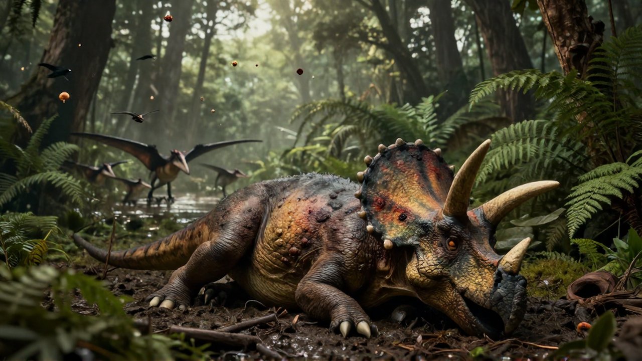 Un Triceratops debilitado yace agotado en un bosque húmedo bajo un cielo nublado.