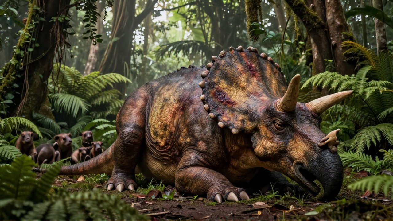 Un Triceratops enfermo descansa exhausto en una densa selva prehistórica rodeado de vegetación y carroñeros.