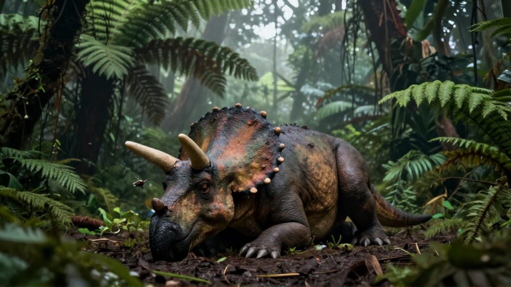 Un Triceratops debilitado descansa sobre el lodo de una densa y húmeda selva prehistórica.