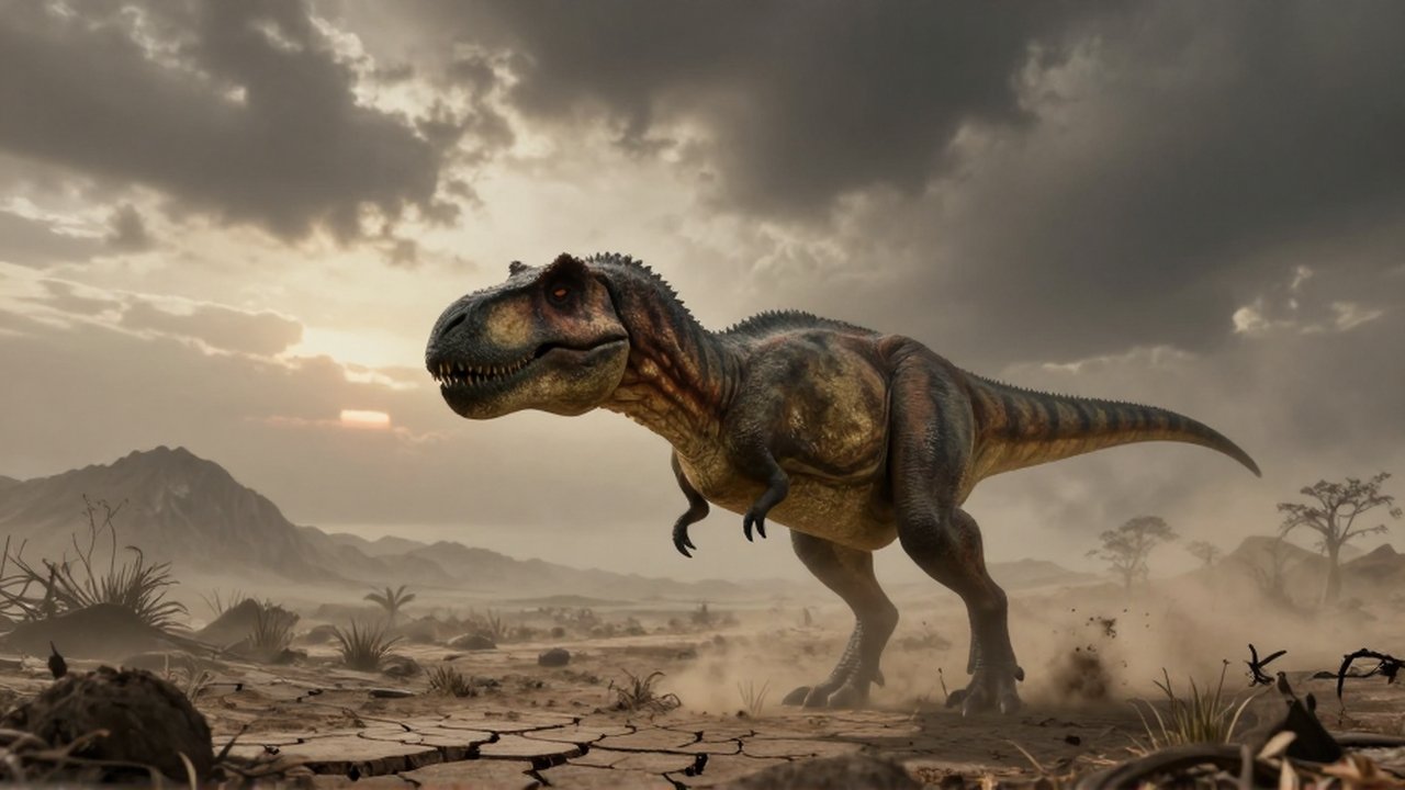 Un Tiranosaurio rex camina exhausto por un paisaje desértico bajo un cielo cubierto de ceniza.