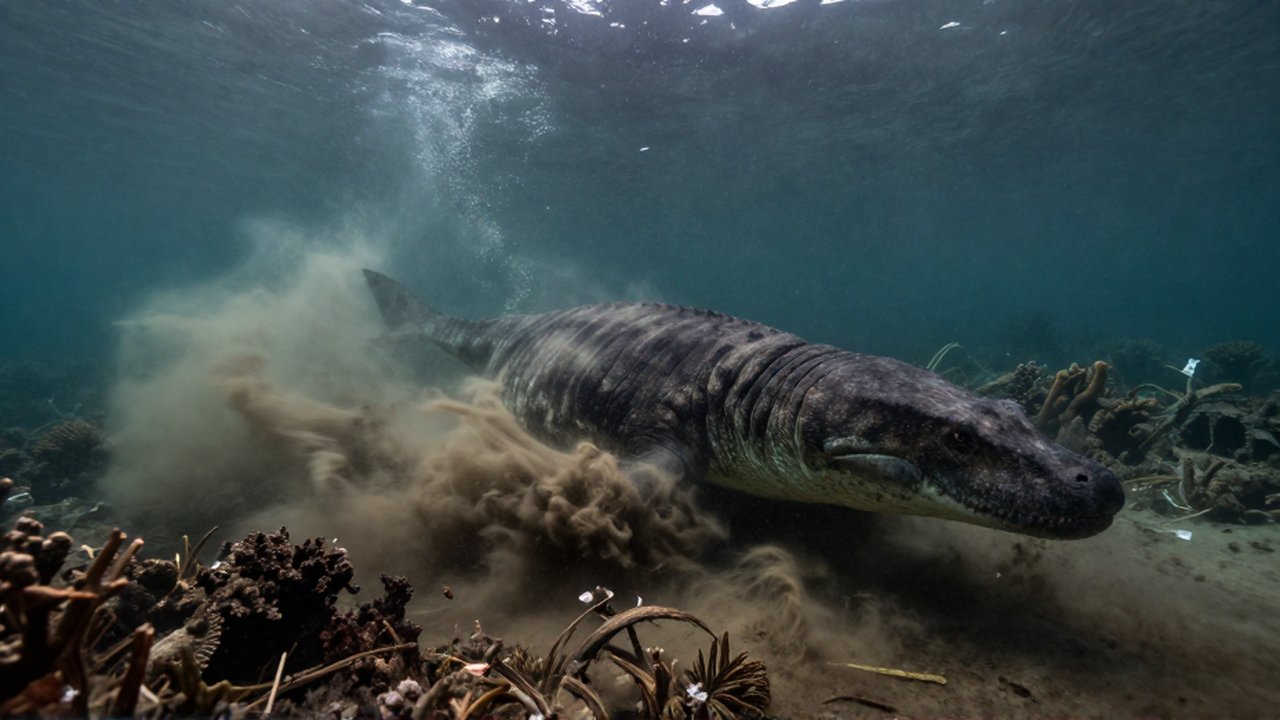 Un enorme reptil marino nada entre corrientes turbulentas en un océano prehistórico turbio y oscuro.