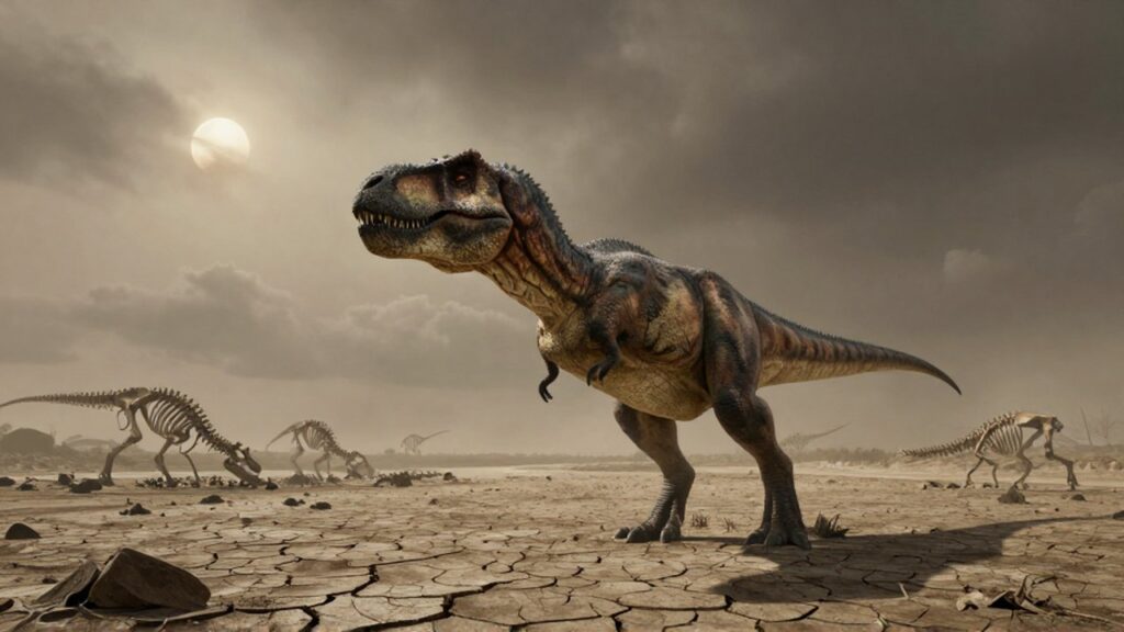 Un Tiranosaurio rex bajo un cielo ceniciento en un lecho de río seco y desolado.