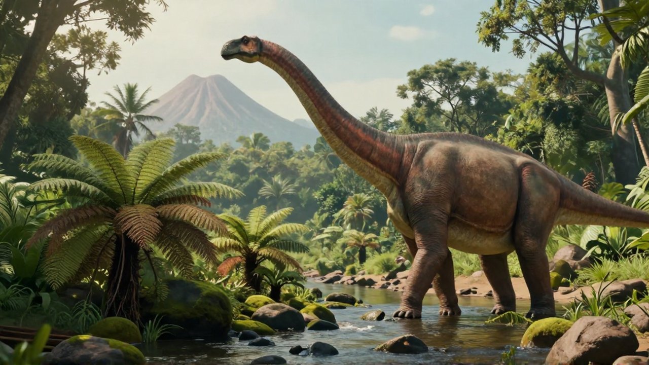 Un Brachiosaurus de cuello largo pasta vegetación junto a un río en una selva prehistórica.