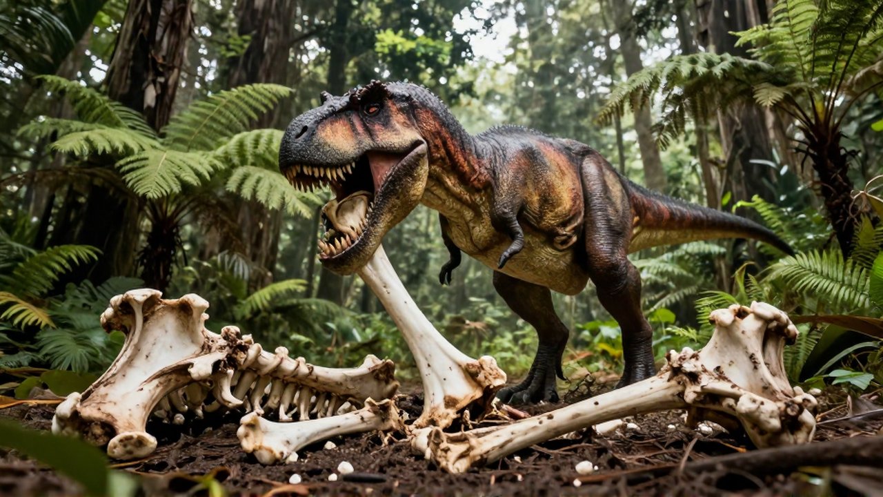 Un tiranosaurio rex consume restos óseos de un herbívoro en un denso bosque prehistórico.