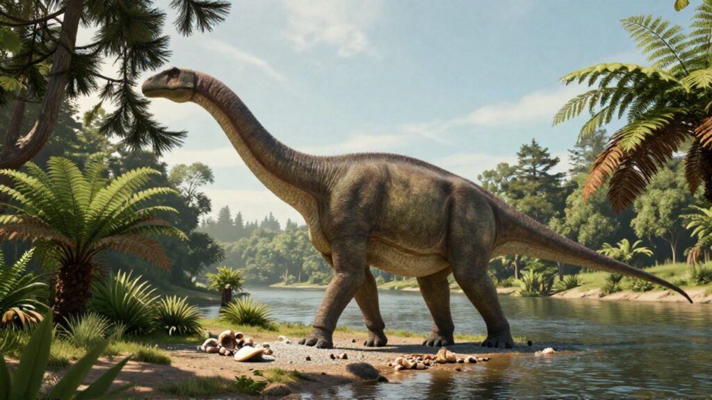 Un dinosaurio herbívoro de gran tamaño pasta entre coníferas junto a un río en un paisaje prehistórico.