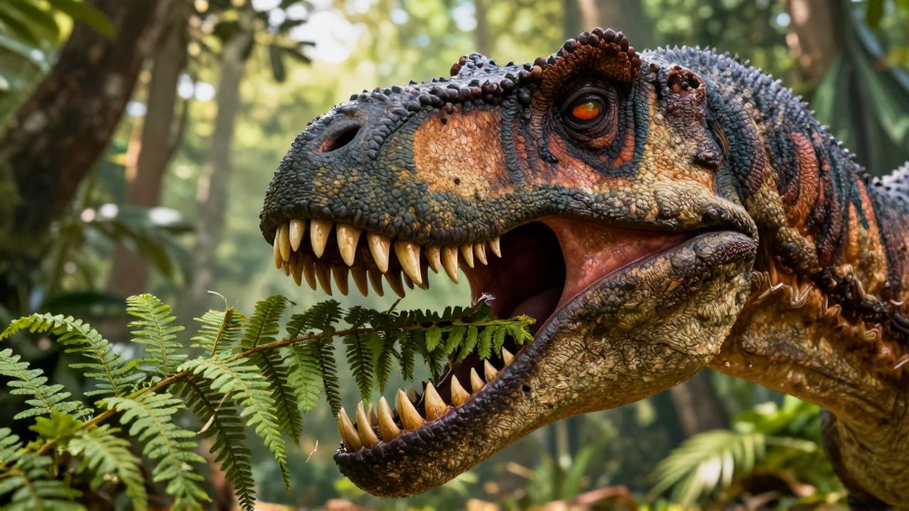 Primer plano de la mandíbula de un dinosaurio herbívoro triturando una rama de helecho en un bosque.