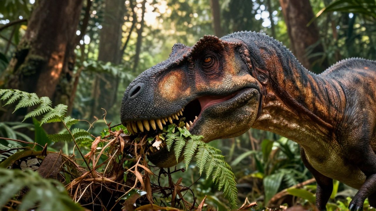 Primer plano de un dinosaurio herbívoro masticando helechos en un denso bosque prehistórico.