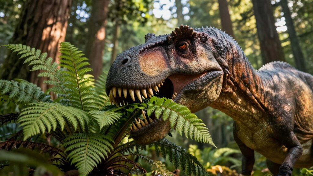 Primer plano de un dinosaurio herbívoro masticando helechos en un bosque exuberante y soleado.