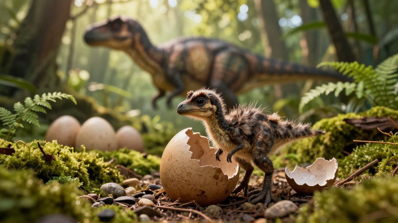 Un pequeño dinosaurio con plumas sale de un cascarón en un nido rodeado de vegetación.
