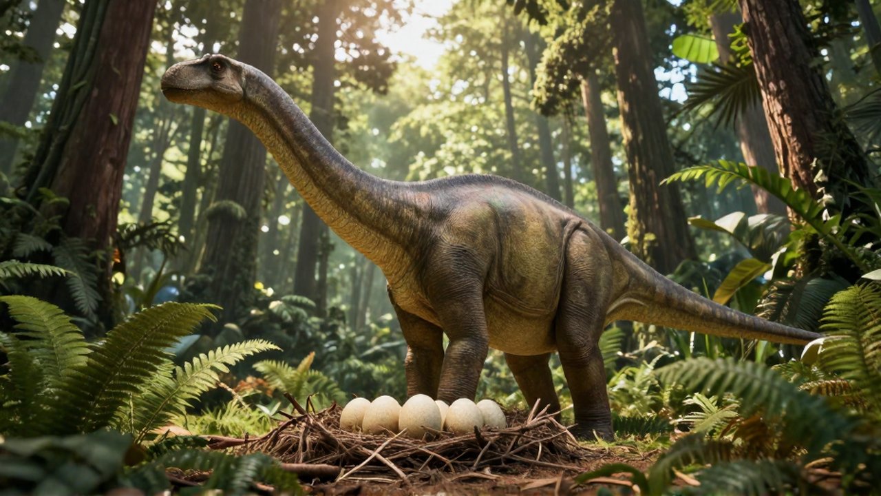 Un Brachiosaurus custodia un nido de huevos entre helechos en un denso bosque prehistórico.