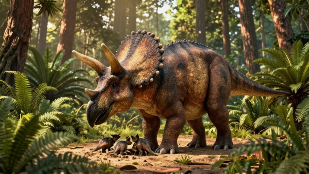 Una enorme Triceratops protege en un nido de arena a tres crías recién nacidas en un bosque prehistórico.
