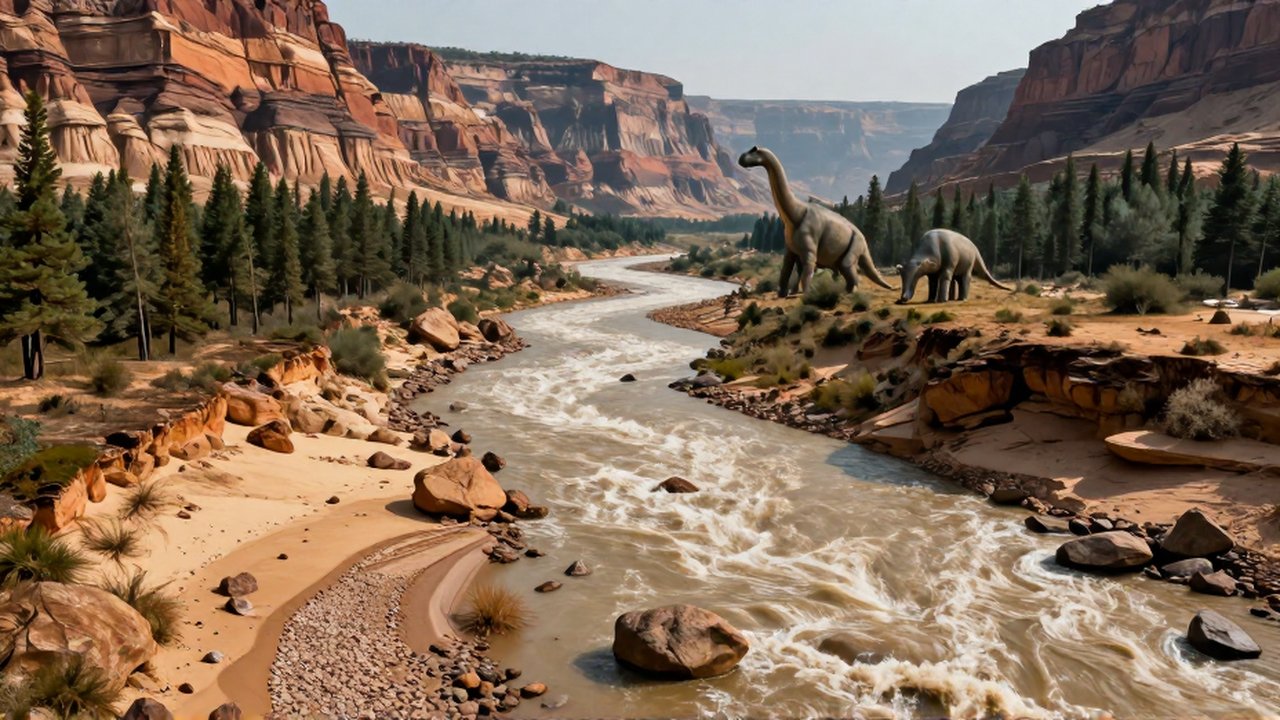 Río prehistórico transportando sedimentos por un valle con un Braquiosaurio pastando en la distancia.