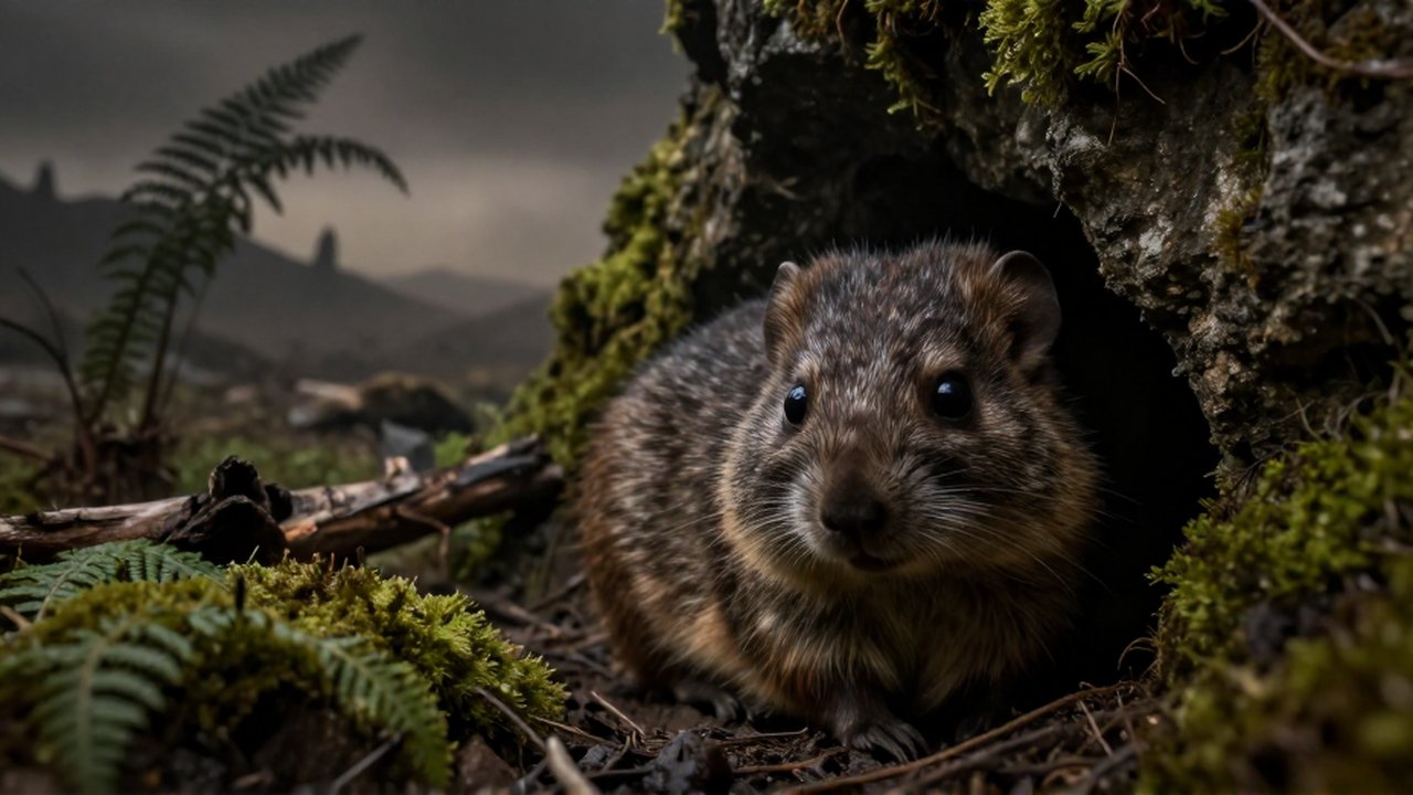 Pequeño mamífero de pelaje grueso se refugia en una grieta rocosa frente a un paisaje desolado.
