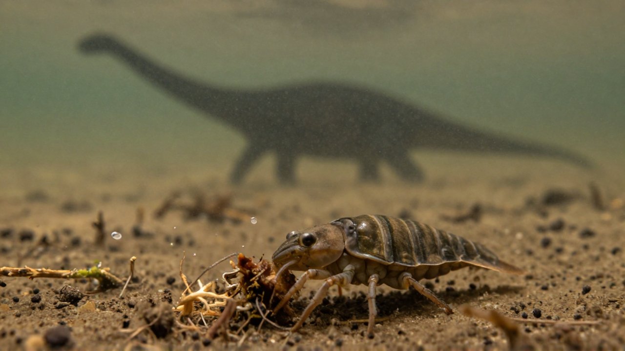 Un pequeño crustáceo busca alimento en un lecho de río lodoso bajo la silueta difusa de un dinosaurio.