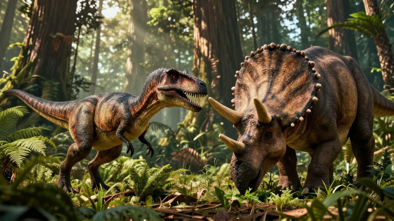 Comparación dividida entre un velociraptor acechando entre helechos y un triceratops pastando en una selva prehistórica.
