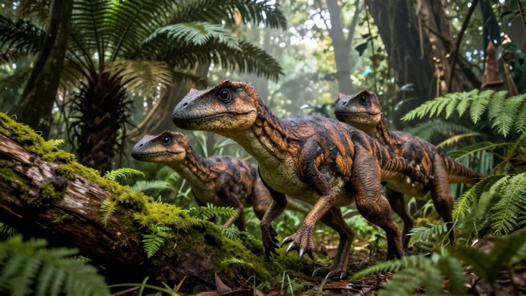 Dos velociraptores con plumas acechan entre helechos y vegetación densa en una selva prehistórica.