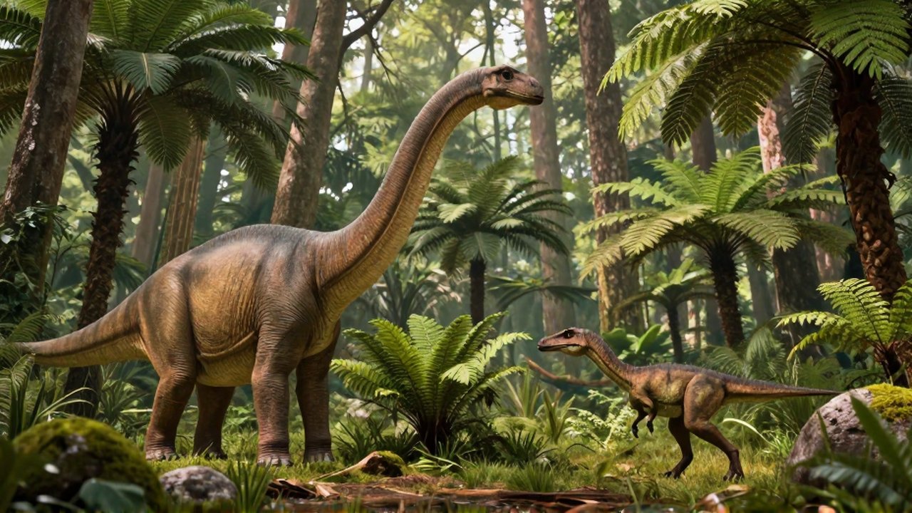 Un joven Brachiosaurus pasta mientras un pequeño Allosaurus lo acecha en una selva jurásica.