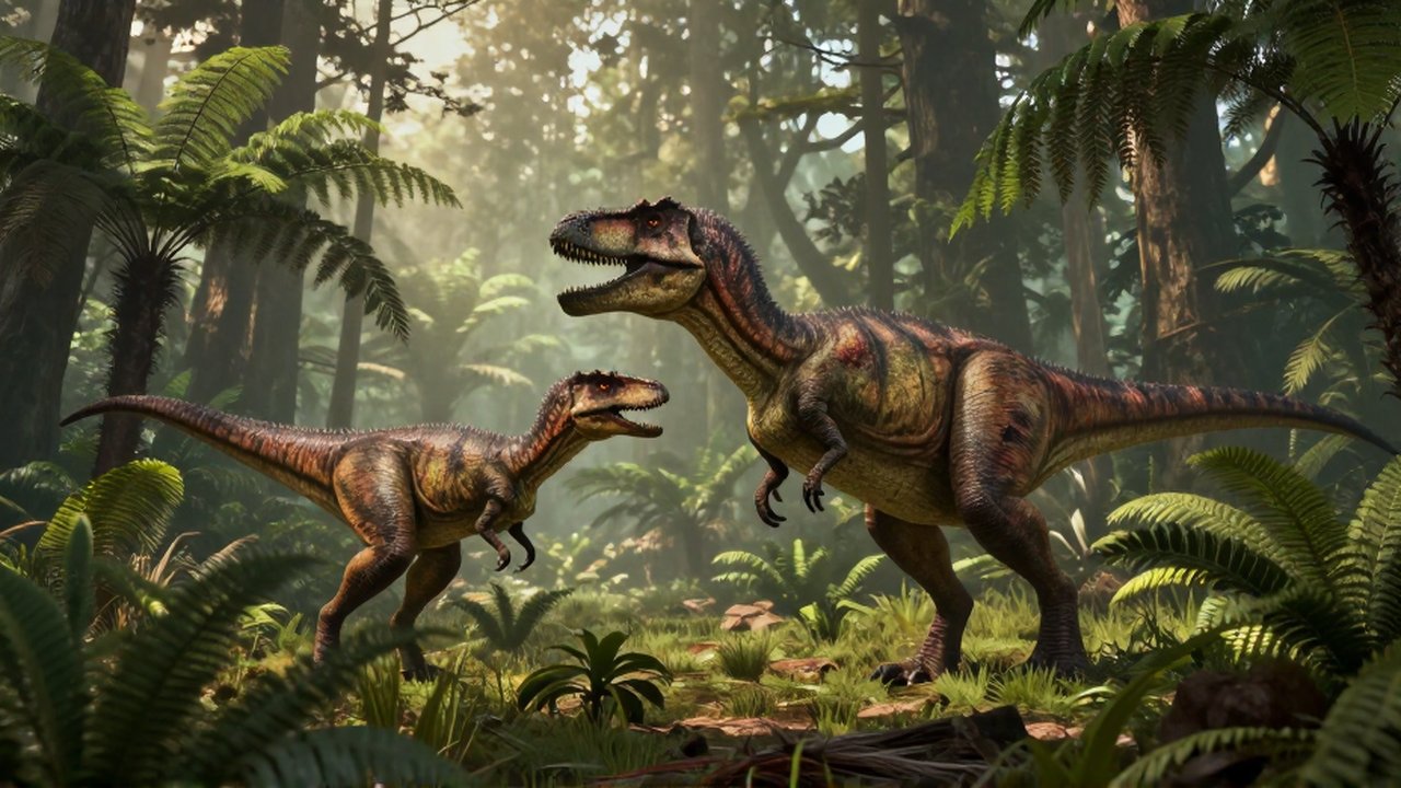 Un joven Allosaurus y un adulto en disputa territorial en un exuberante llanura aluvial jurásica.