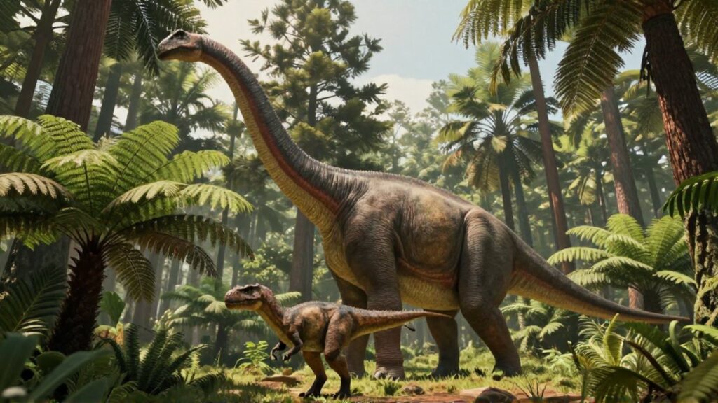 Un joven Allosaurus y un Brachiosaurus de tamaño menor comparan sus proporciones en un bosque prehistórico.
