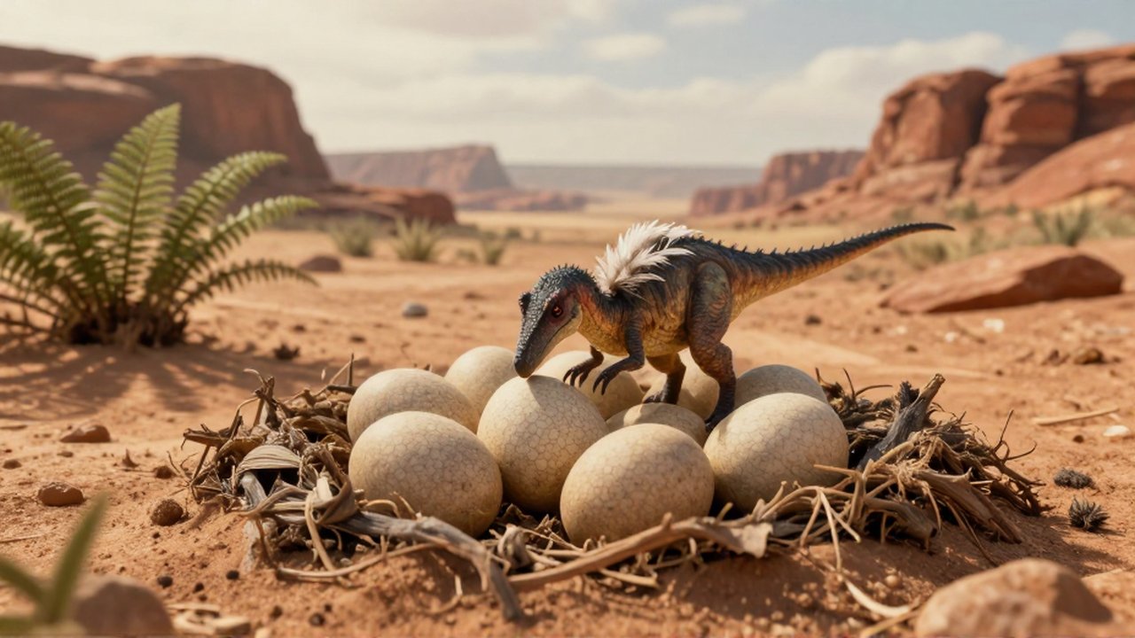 Un pequeño dinosaurio con proto-plumas cuida un nido de huevos en un paisaje árido de arenisca.