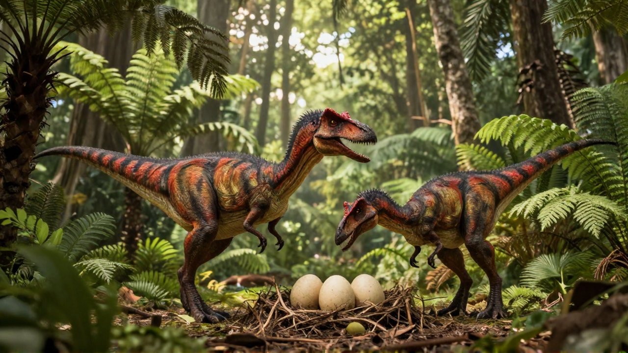 Dos dinosaurios Deinonychus con plumas realizan un ritual de apareamiento junto a un nido en un bosque prehistórico.