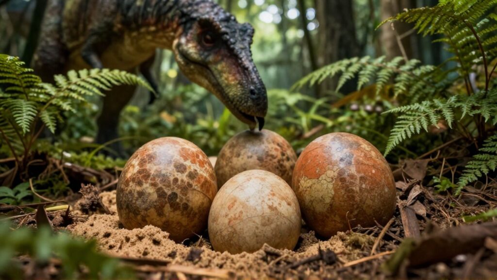 Primer plano de huevos de dinosaurio en un nido de arena
