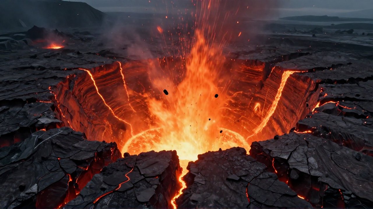Un cráter masivo de impacto con lava y escombros surgiendo de la corteza terrestre deformada.