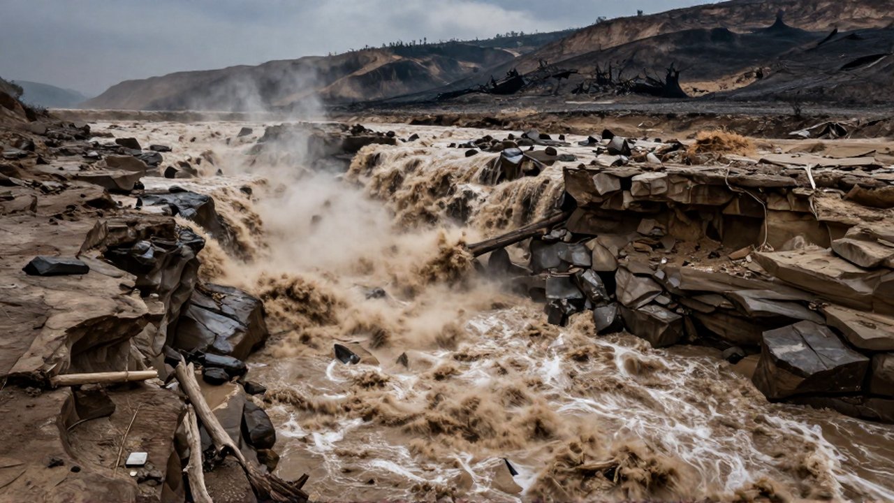 Río turbulento y cargado de sedimentos fluye por un cañón bajo un cielo cubierto de polvo.