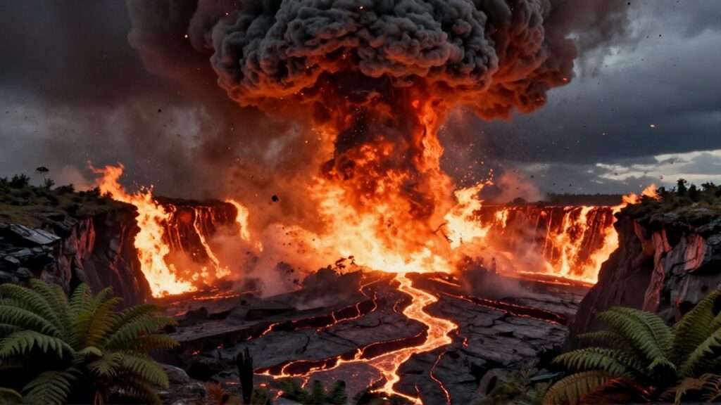 Un enorme impacto de asteroide genera una onda expansiva de lava y ceniza sobre un paisaje prehistórico.