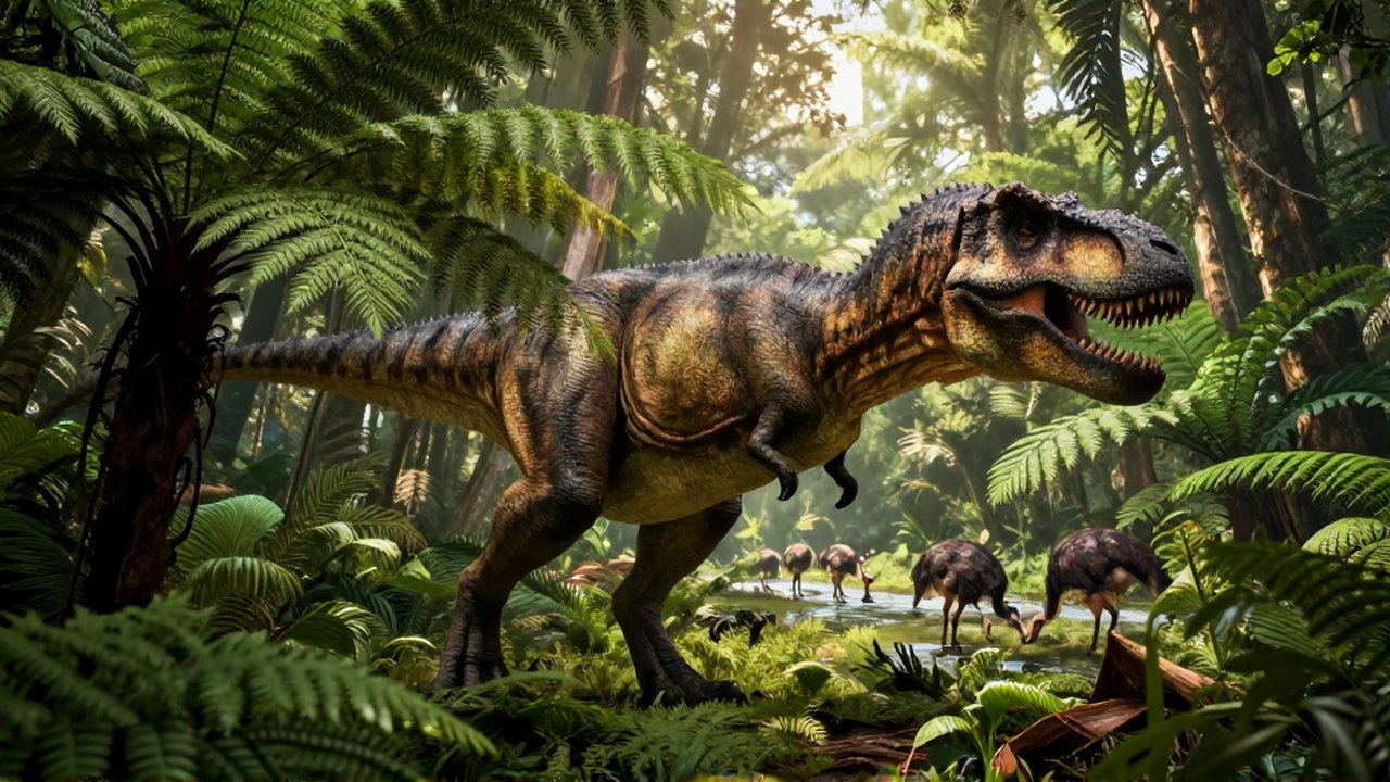 Un Tiranosaurio rex acecha entre helechos densos mientras unos herbívoros pastan cerca de un río.